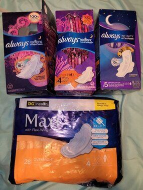 3 Boxes Always Radiant Infinity Pads w/Wings Size 4 And 5 Overnight + DG Maxi
